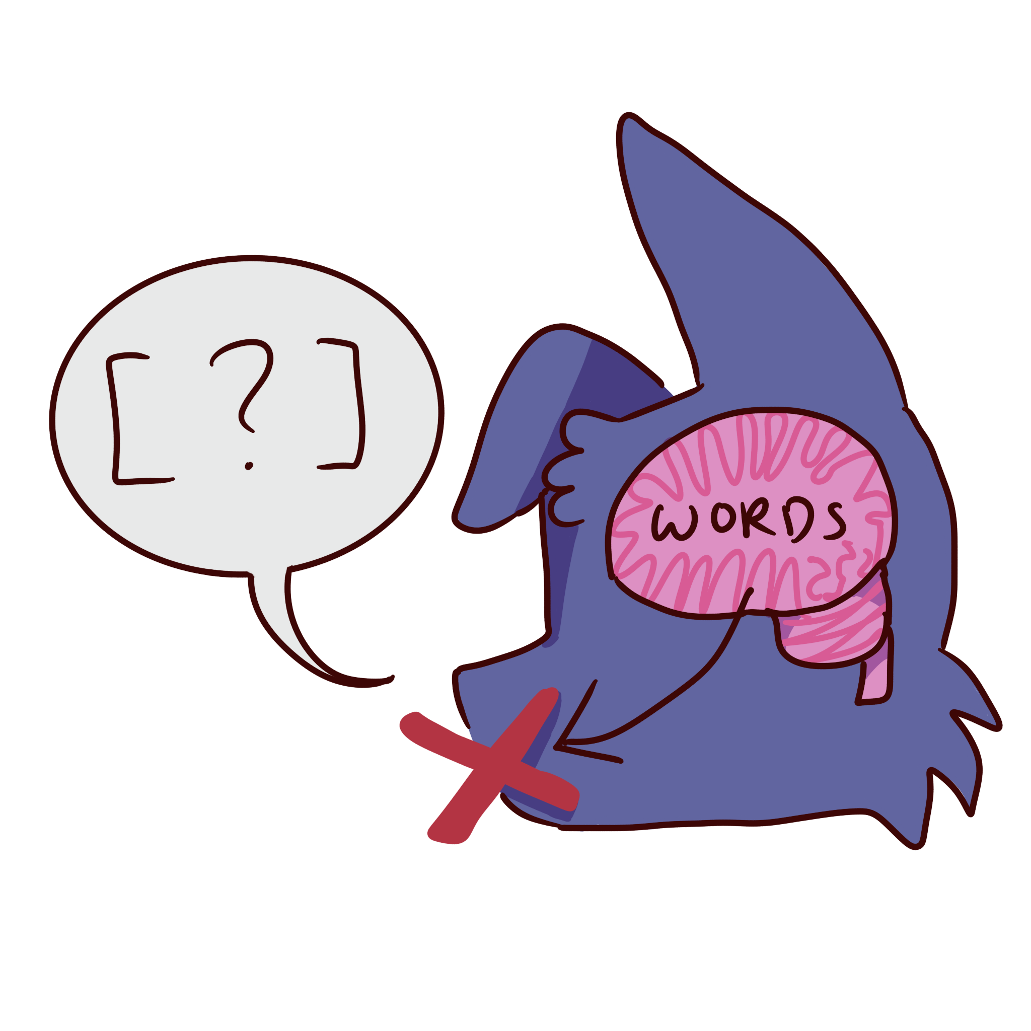 silhouette of a blue dog with words in its brain that try to leave its mouth and get blocked by a red x. a speech bubble is next to the dog with a question mark in brackets in it